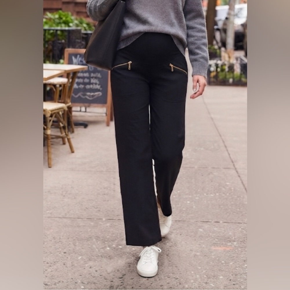 Thyme Maternity Black Wide-Leg Pants with Gold Zip Pocket